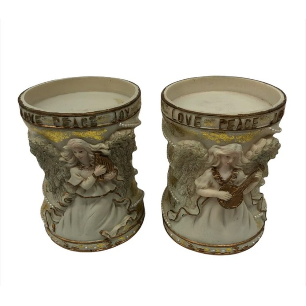 Young's Inc. (set of 2) 3" Pillar Candle Holders Angels Playing Harp & Lute